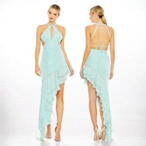Ieena Mac Duggal 11274 Aqua Blue Sequin Halter Cut Out Ruffle Asymmetric Dress